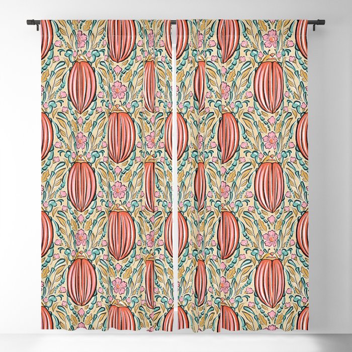 Retro Floral Beetle - pink red gold and teal Window Curtain Gallery Image 1