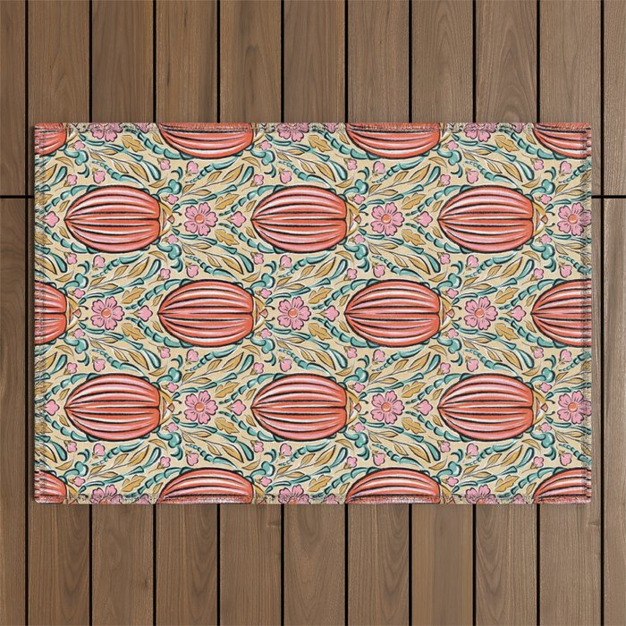 Retro Floral Beetle - pink red gold and teal Outdoor Rug Gallery Image 1