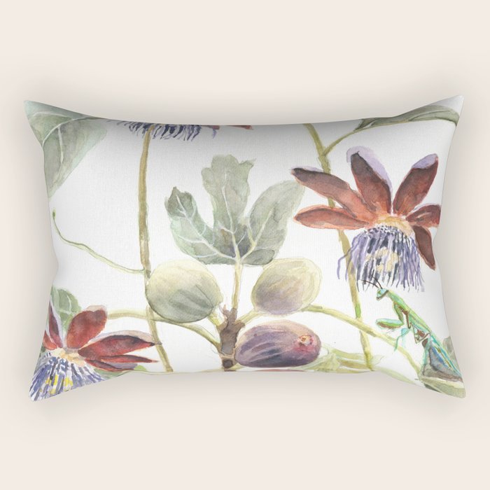 Passiflora and Figs Botanical Illustration, Praying Mantis Rectangular Pillow Gallery Image 1