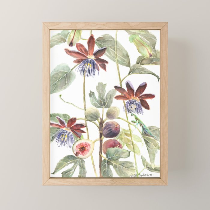 Passiflora and Figs Botanical Illustration, Praying Mantis Mini Art Print Gallery Image 1