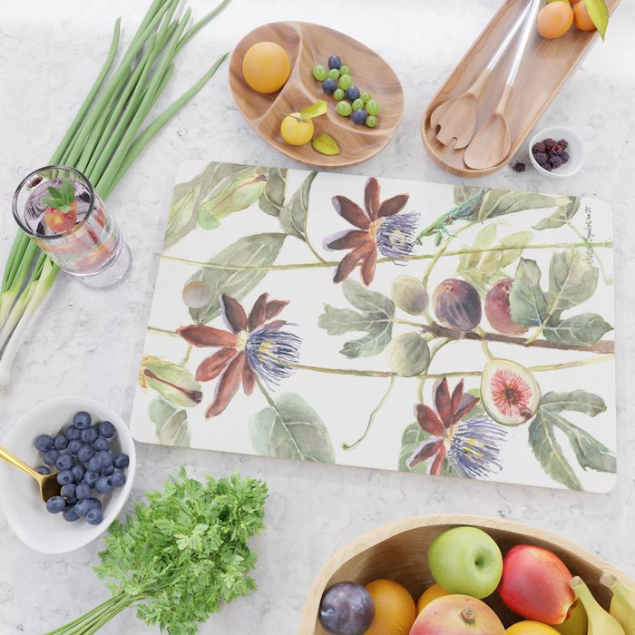 Passiflora and Figs Botanical Illustration, Praying Mantis Cutting Board Gallery Image 2