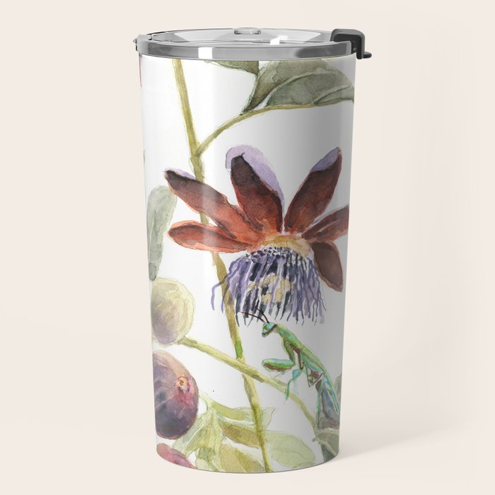 Passiflora and Figs Botanical Illustration, Praying Mantis Travel Mug Gallery Image 2