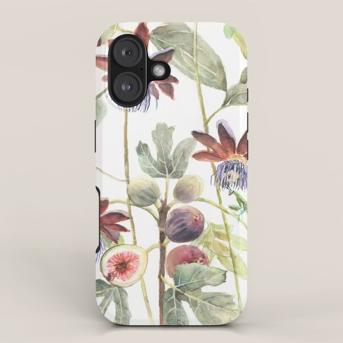 Passiflora and Figs Botanical Illustration, Praying Mantis iPhone Case Gallery Image 1