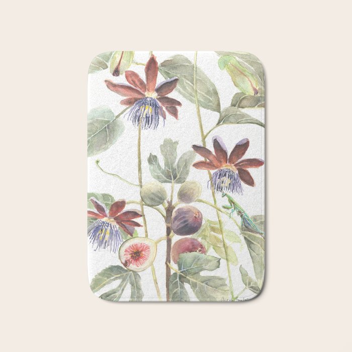Passiflora and Figs Botanical Illustration, Praying Mantis Bath Mat Gallery Image 1