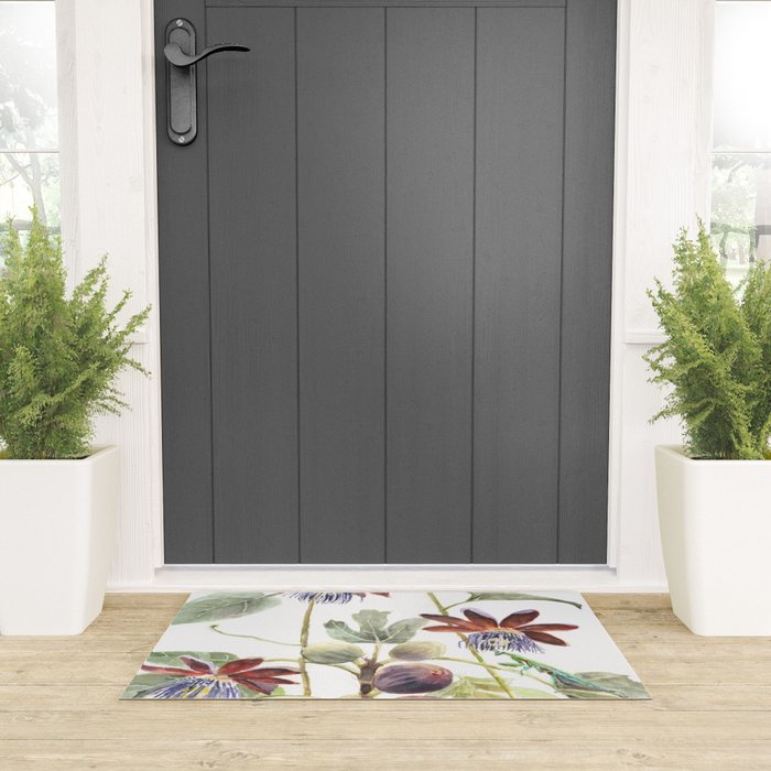 Passiflora and Figs Botanical Illustration, Praying Mantis Welcome Mat Gallery Image 3