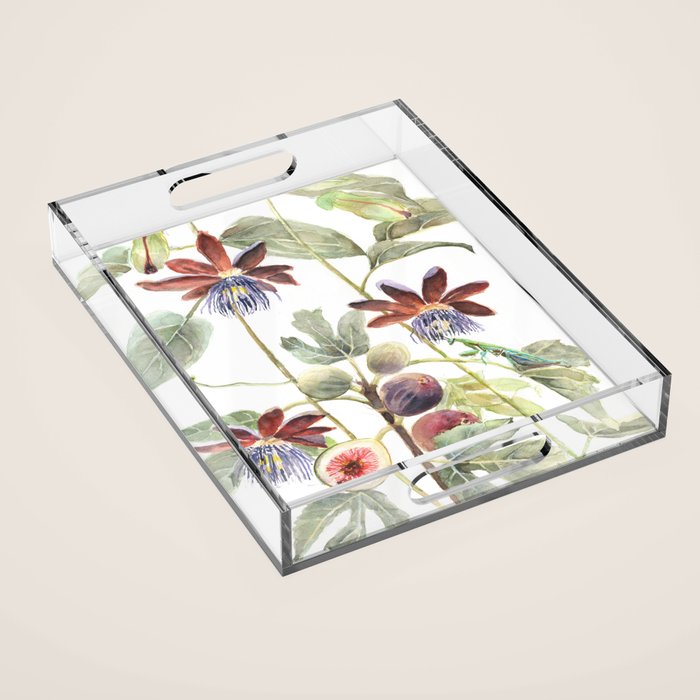 Passiflora and Figs Botanical Illustration, Praying Mantis Acrylic Tray Gallery Image 1