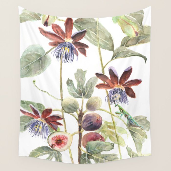 Passiflora and Figs Botanical Illustration, Praying Mantis Wall Tapestry Gallery Image 4