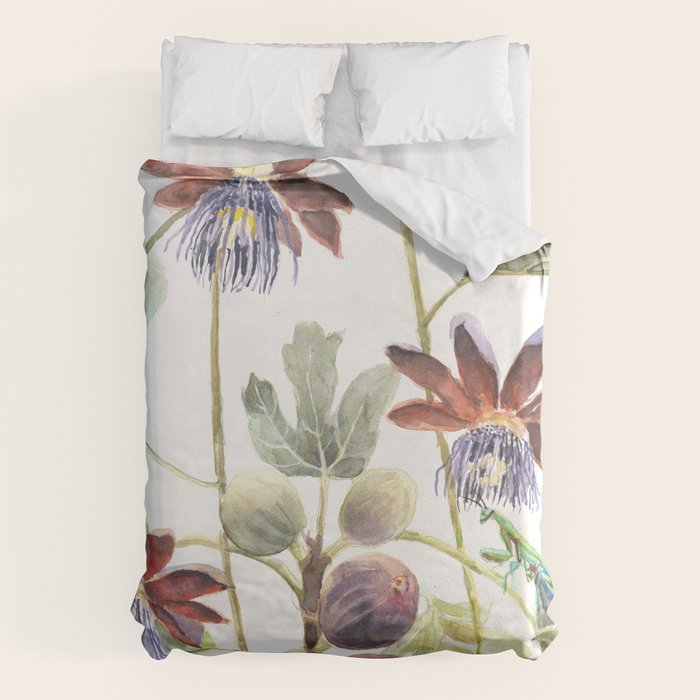 Passiflora and Figs Botanical Illustration, Praying Mantis Duvet Cover Gallery Image 6