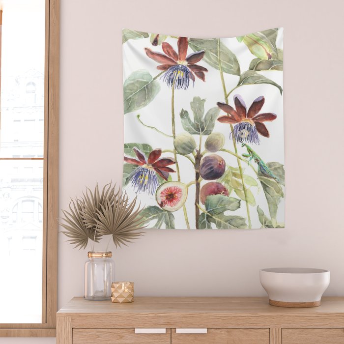 Passiflora and Figs Botanical Illustration, Praying Mantis Wall Tapestry Gallery Image 2