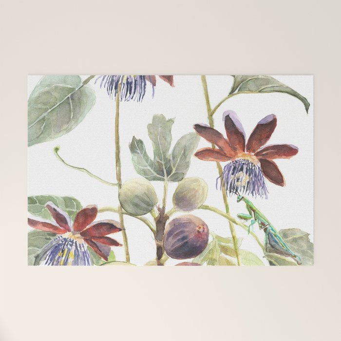 Passiflora and Figs Botanical Illustration, Praying Mantis Welcome Mat Gallery Image 1