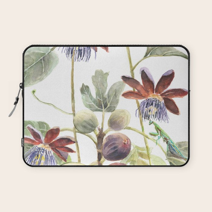 Passiflora and Figs Botanical Illustration, Praying Mantis Laptop Sleeve Gallery Image 1