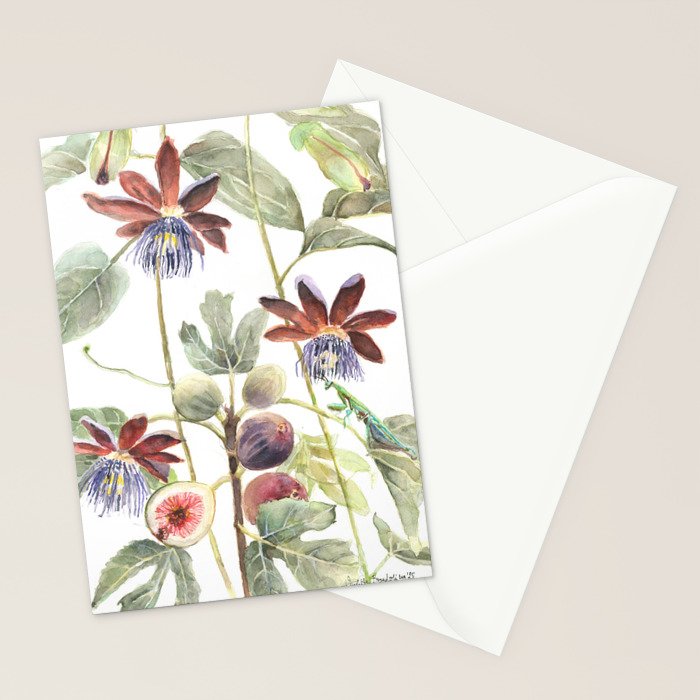 Passiflora and Figs Botanical Illustration, Praying Mantis Stationery Card Gallery Image 2