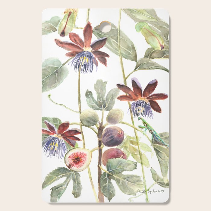Passiflora and Figs Botanical Illustration, Praying Mantis Cutting Board Gallery Image 1