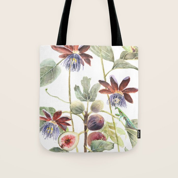 Passiflora and Figs Botanical Illustration, Praying Mantis Tote Bag Gallery Image 1