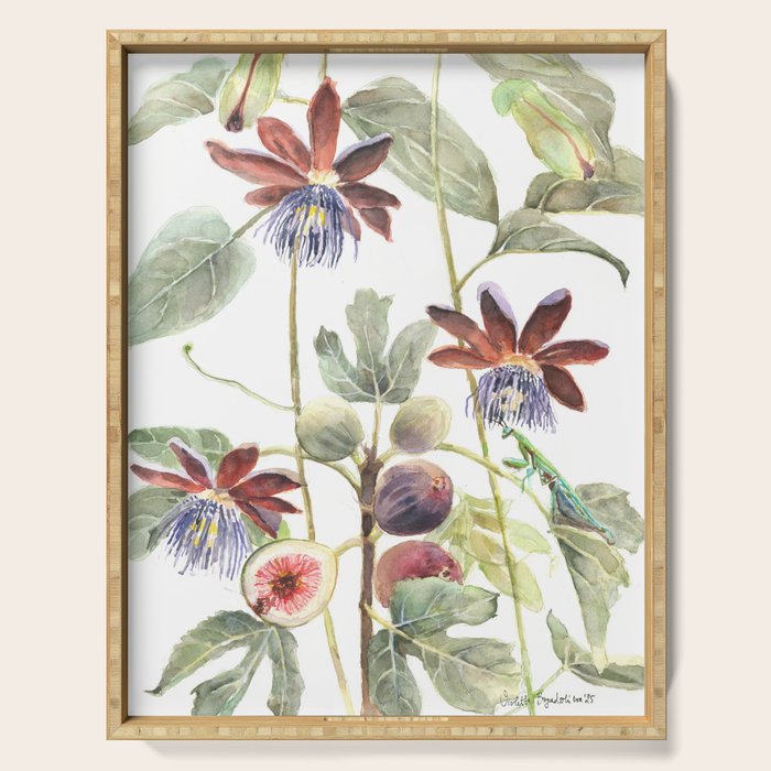 Passiflora and Figs Botanical Illustration, Praying Mantis Serving Tray Gallery Image 1