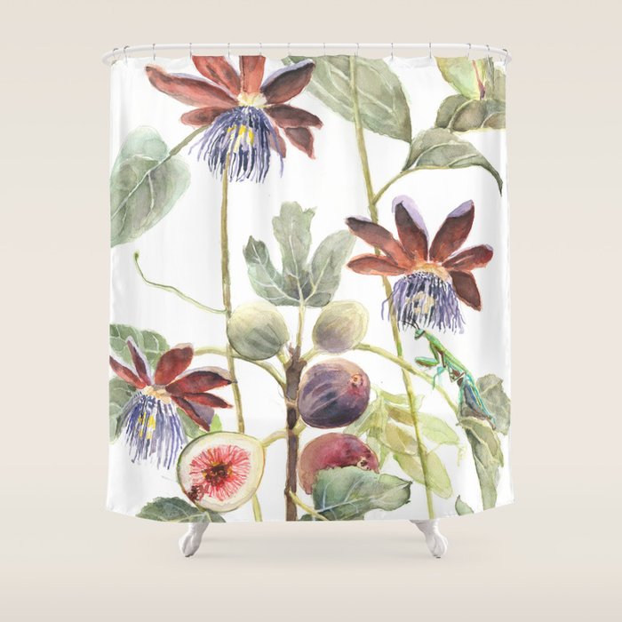 Passiflora and Figs Botanical Illustration, Praying Mantis Shower Curtain Gallery Image 1