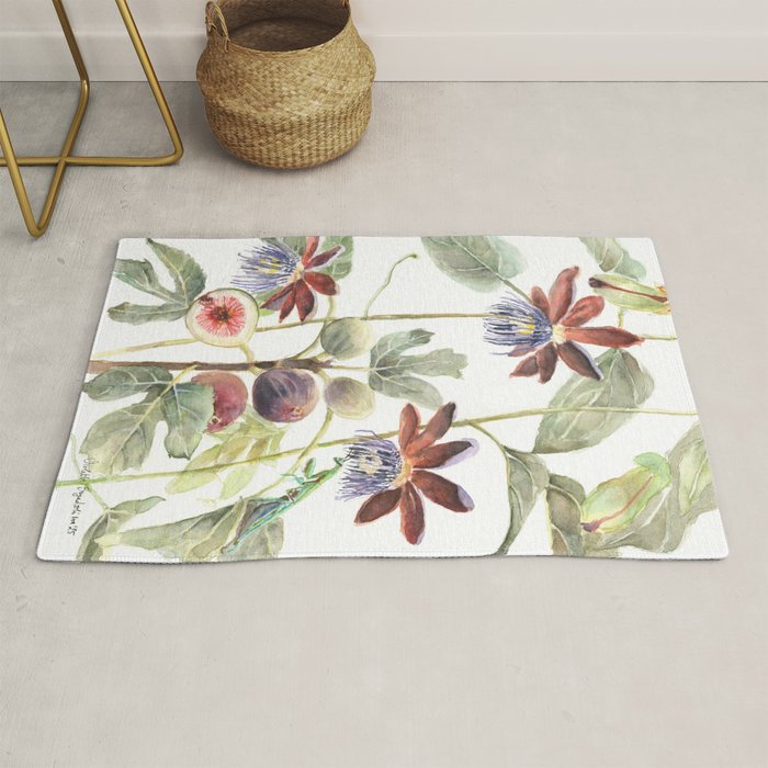 Passiflora and Figs Botanical Illustration, Praying Mantis Rug Gallery Image 1