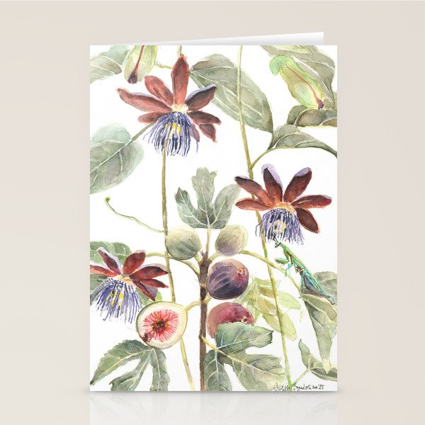 Passiflora and Figs Botanical Illustration, Praying Mantis Stationery Card Gallery Image 2