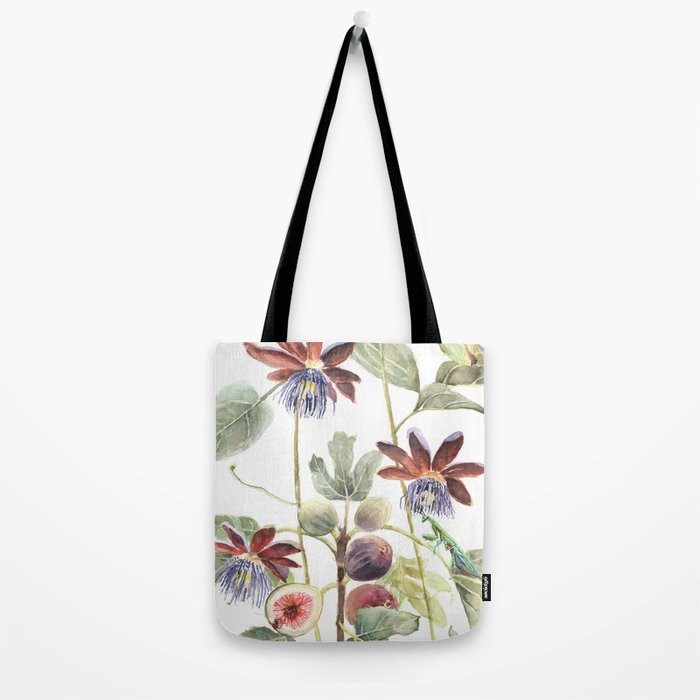 Passiflora and Figs Botanical Illustration, Praying Mantis Tote Bag Gallery Image 2