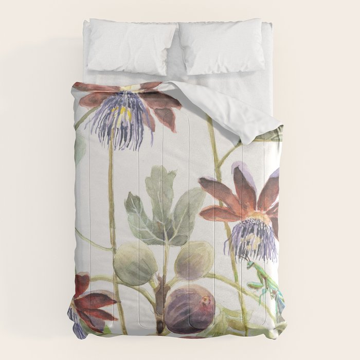 Passiflora and Figs Botanical Illustration, Praying Mantis Comforter Gallery Image 6