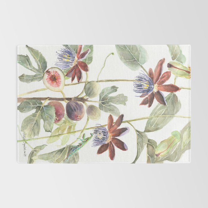Passiflora and Figs Botanical Illustration, Praying Mantis Rug Gallery Image 2