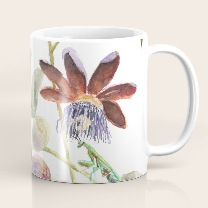 Passiflora and Figs Botanical Illustration, Praying Mantis Coffee Mug Gallery Image 1
