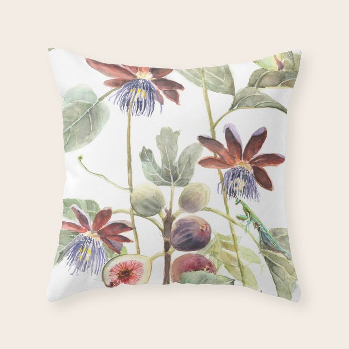 Passiflora and Figs Botanical Illustration, Praying Mantis Throw Pillow Gallery Image 6