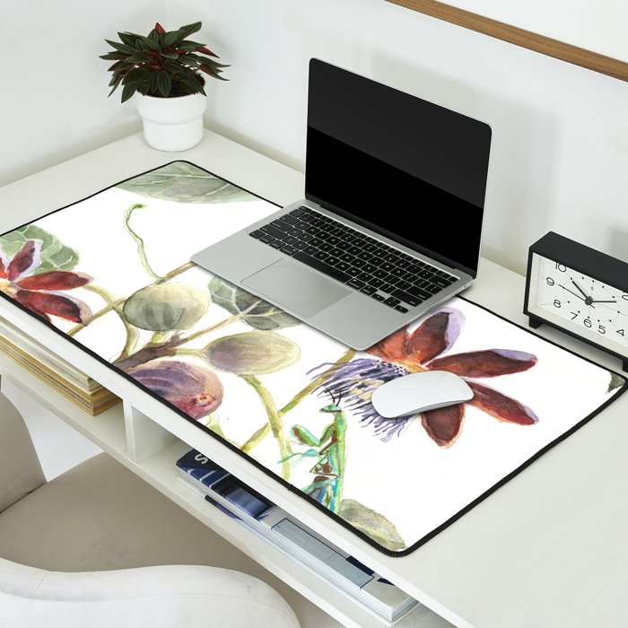 Passiflora and Figs Botanical Illustration, Praying Mantis Desk Mat Gallery Image 2