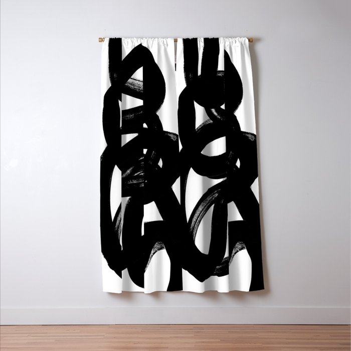 Swirl Black & White Minimalist Abstract Mid century Ink Art Dark Brush Strokes Window Curtain Gallery Image 3