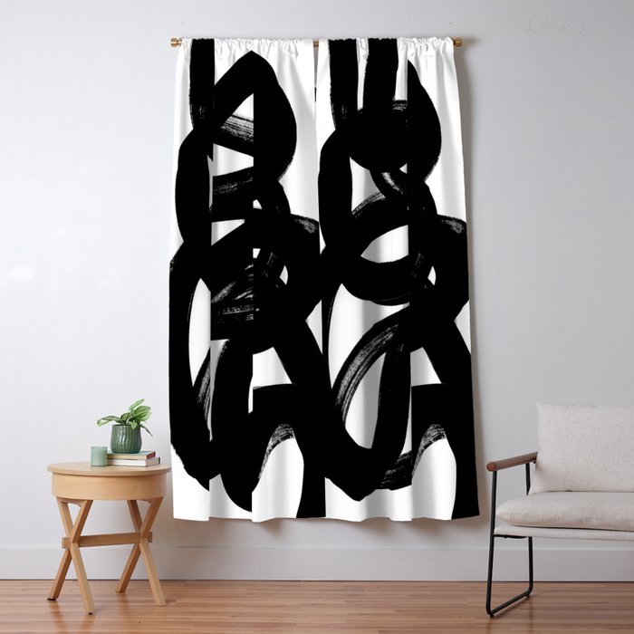 Swirl Black & White Minimalist Abstract Mid century Ink Art Dark Brush Strokes Window Curtain Gallery Image 5