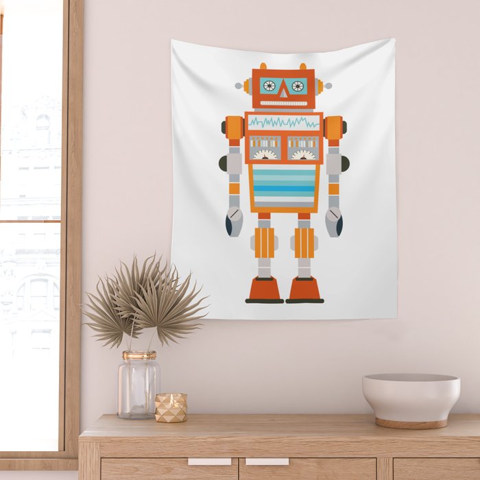 Orange Robot Retro Toy Wall Tapestry Gallery Image 2