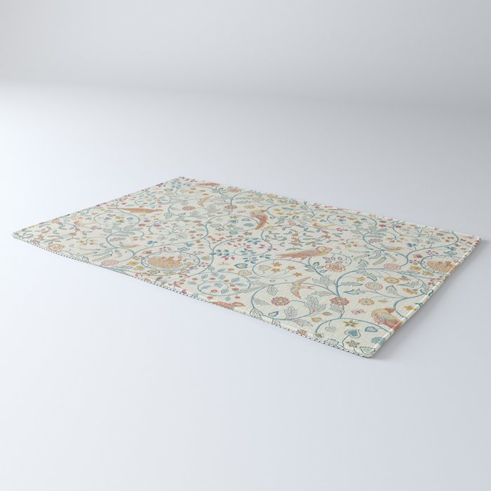 William Morris Newill Owl Art Blue Indigo Saffron Vintage Pattern Rug Gallery Image 3