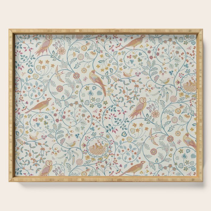 William Morris Newill Owl Art Blue Indigo Saffron Vintage Pattern Serving Tray Gallery Image 1