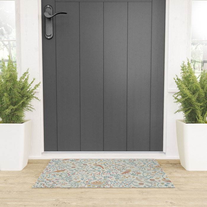 William Morris Newill Owl Art Blue Indigo Saffron Vintage Pattern Welcome Mat Gallery Image 3