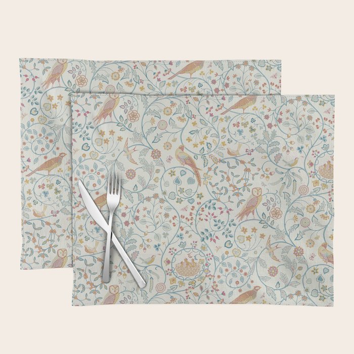 William Morris Newill Owl Art Blue Indigo Saffron Vintage Pattern Placemat Gallery Image 1