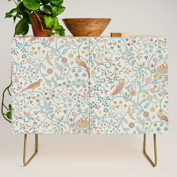 William Morris Newill Owl Art Blue Indigo Saffron Vintage Pattern Credenza Gallery Image 1