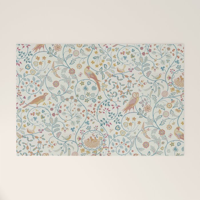 William Morris Newill Owl Art Blue Indigo Saffron Vintage Pattern Welcome Mat Gallery Image 1