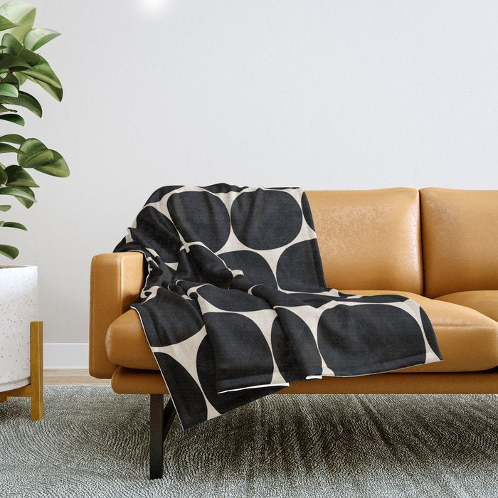 Mid-Century Mod Minimalist Dot Pattern in Black and Almond Cream Throw Blanket Gallery Image 1