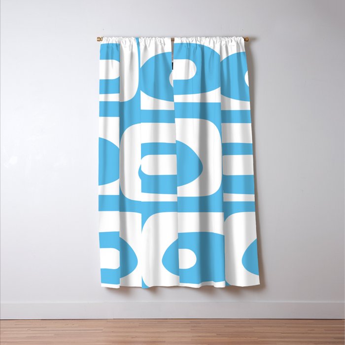 Mid Century Modern Abstract Piquet Pattern Bright Blue and White Window Curtain Gallery Image 3