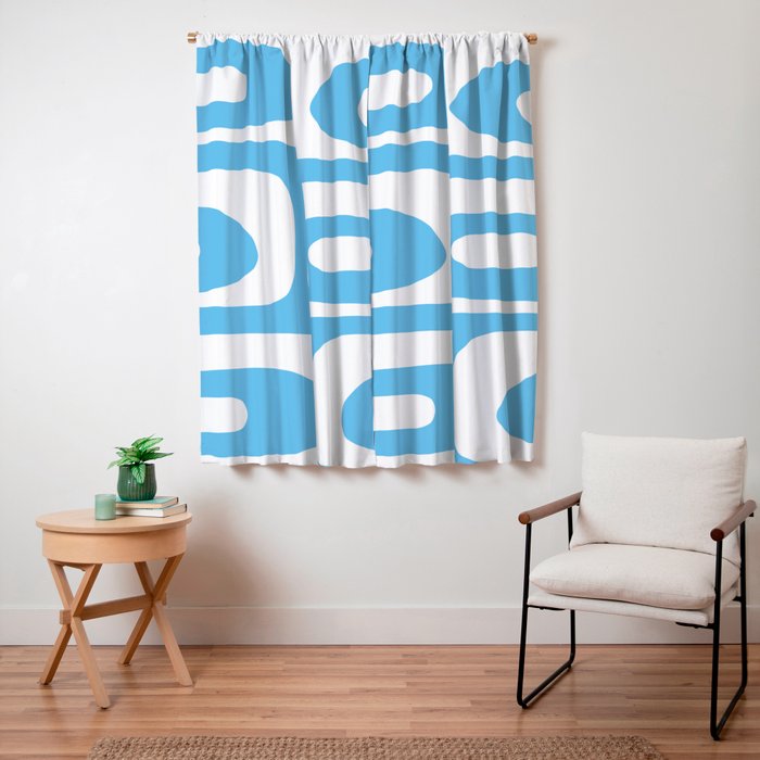Mid Century Modern Abstract Piquet Pattern Bright Blue and White Window Curtain Gallery Image 3