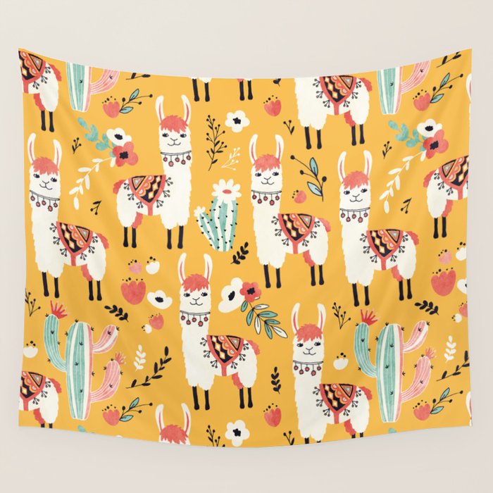 White Llama with flowers Wall Tapestry Gallery Image 1