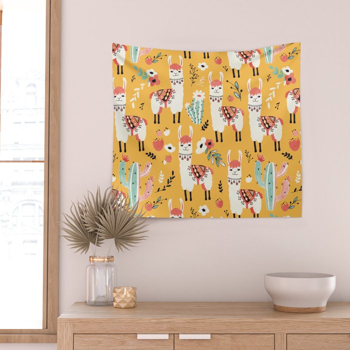 White Llama with flowers Wall Tapestry Gallery Image 2