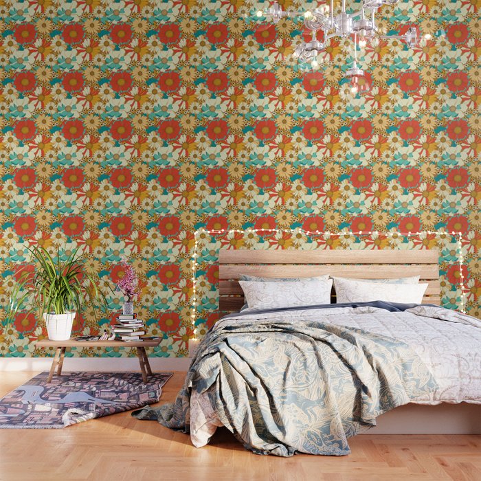 Red, Orange, Turquoise and Brown Retro Floral Pattern Wallpaper Gallery Image 3