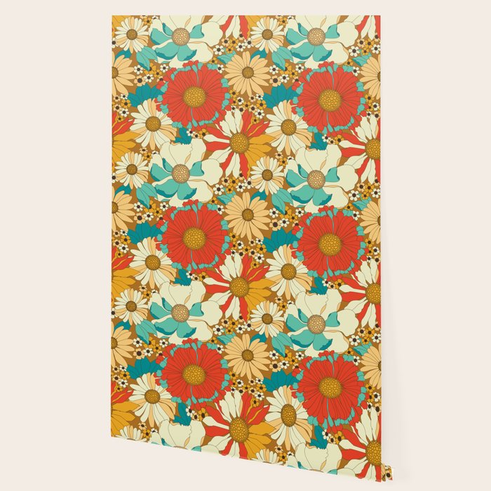 Red, Orange, Turquoise and Brown Retro Floral Pattern Wallpaper Gallery Image 2