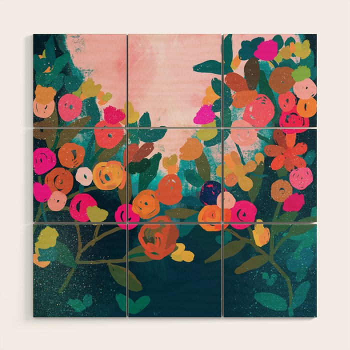 Abstract florals- pink and teal blue Wood Wall Art