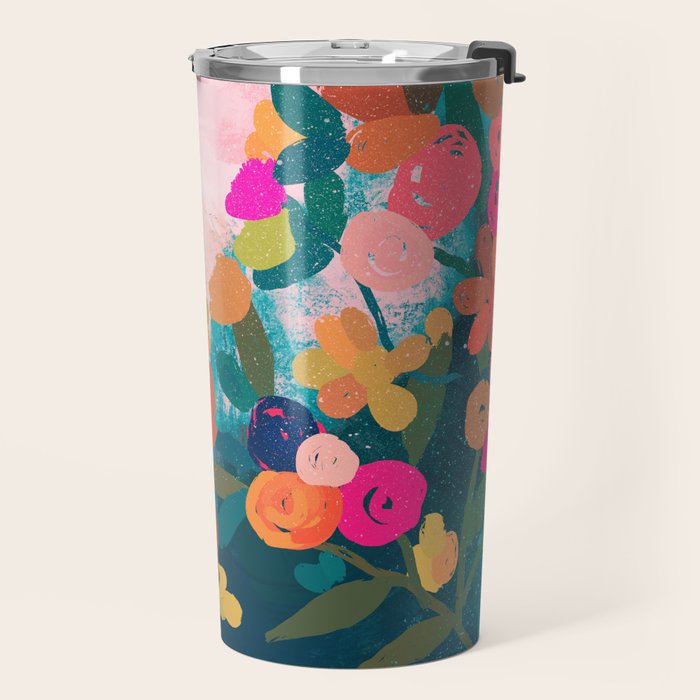 Abstract florals- pink and teal blue Travel Mug Gallery Image 2