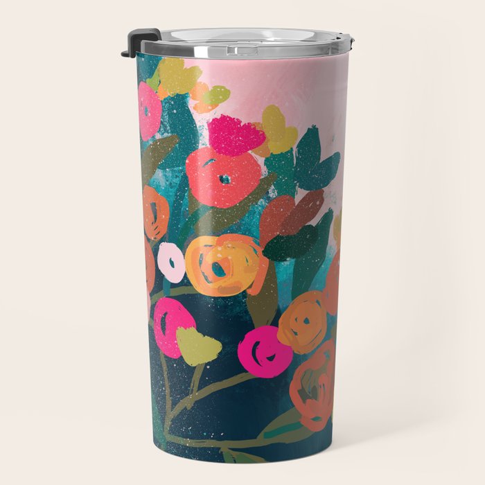 Abstract florals- pink and teal blue Travel Mug Gallery Image 3