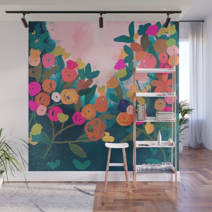 Abstract florals- pink and teal blue Wall Mural Gallery Image 1