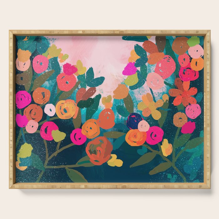 Abstract florals- pink and teal blue Serving Tray Gallery Image 1