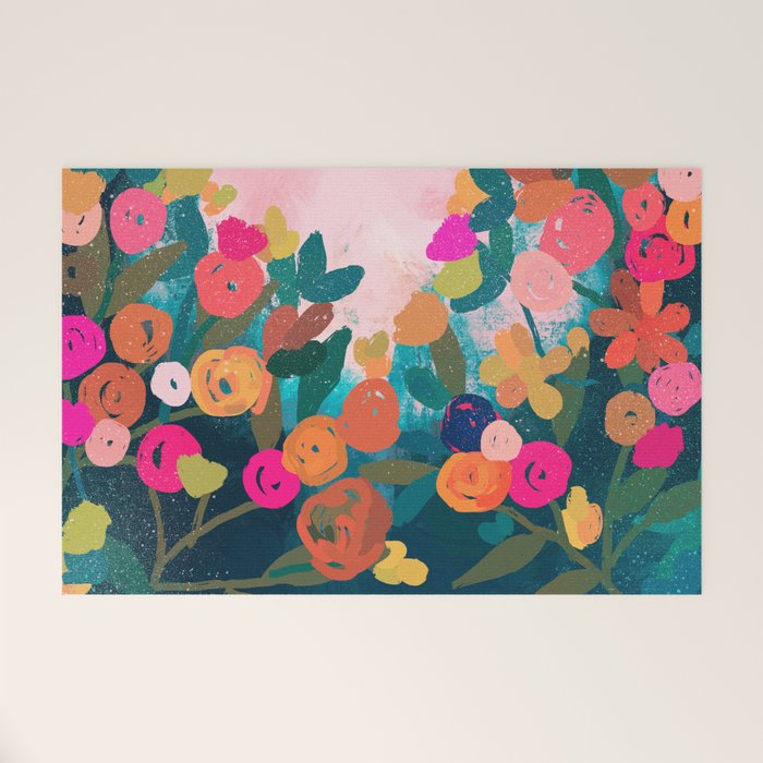 Abstract florals- pink and teal blue Welcome Mat